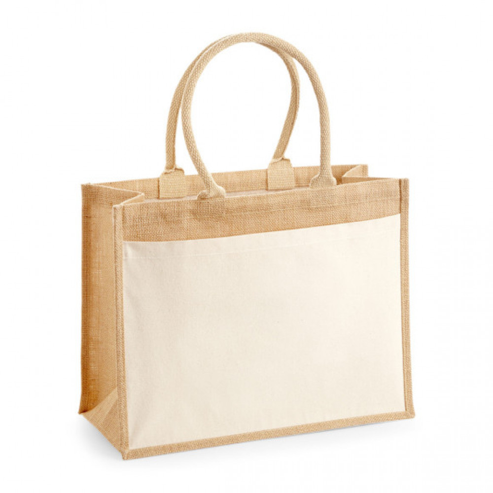 Westford Mill Cotton Pocket Jute Shopper W427 – große Jutetasche mit Baumwoll-Vordertasche