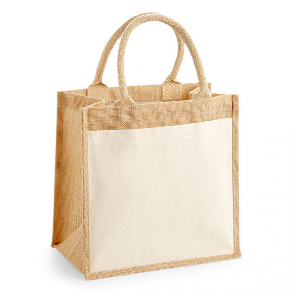 Westford Mill Jute Midi Tote W426 – Jutetasche mit Canvas-Fronttasche und runden Baumwollgriffen
