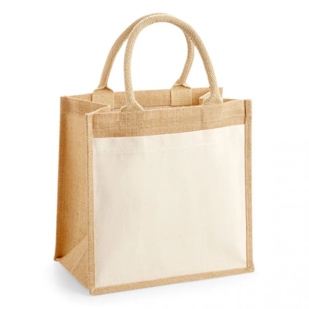 Westford Mill Jute Midi Tote W426 – Jutetasche mit Canvas-Fronttasche und runden Baumwollgriffen