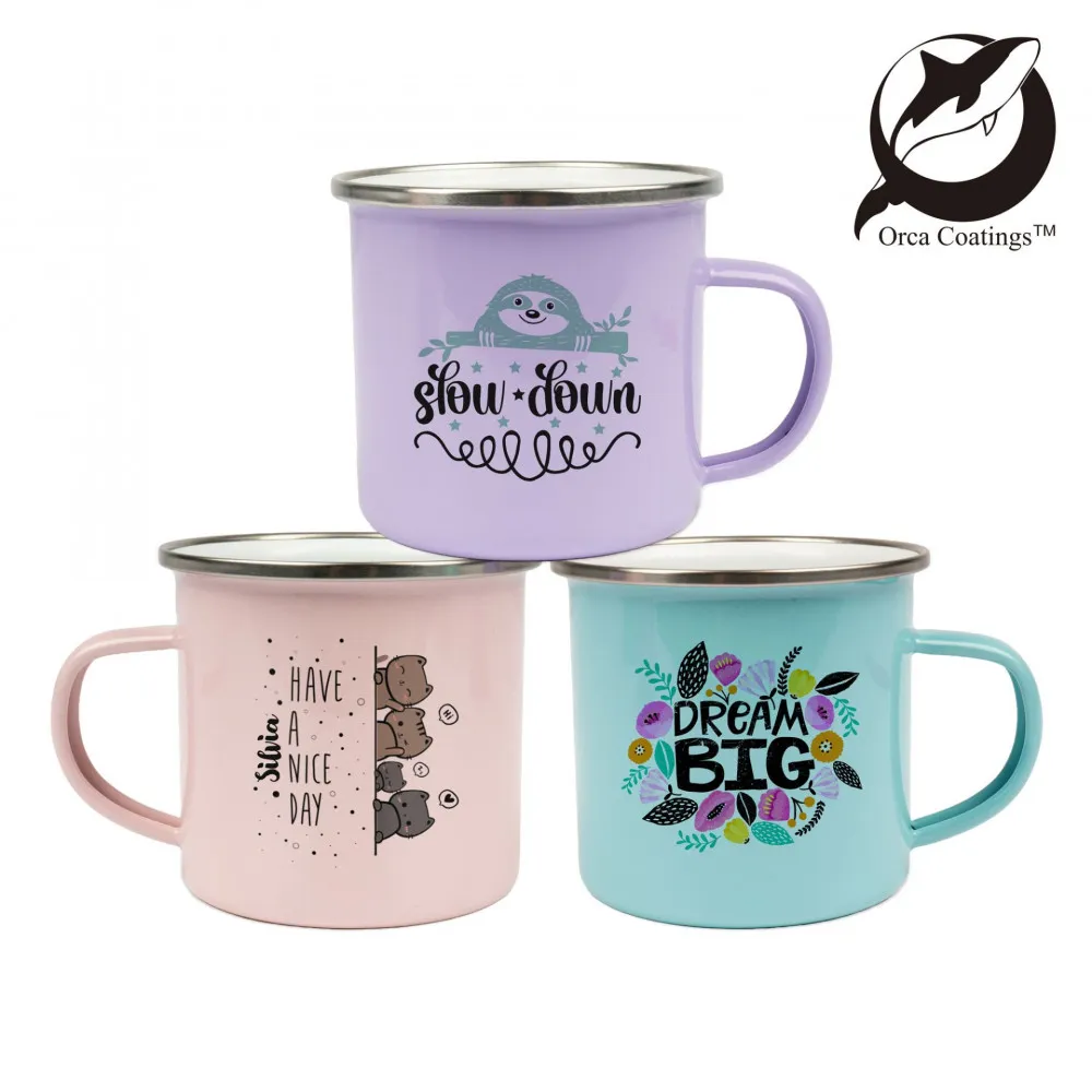 Emaille Tasse 12oz mit silbernem Edelstahlrand und Orca Coating für Sublimationsdruck