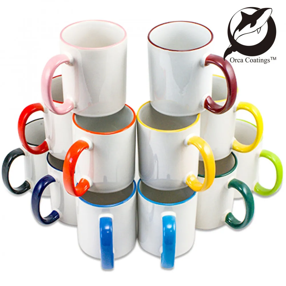 Starterset RIM & HANDLE mit 12 Tassen für Sublimationsdruck – Orca Beschichtung, 12 verschiedene Farben, farbiger Rand und Henkel