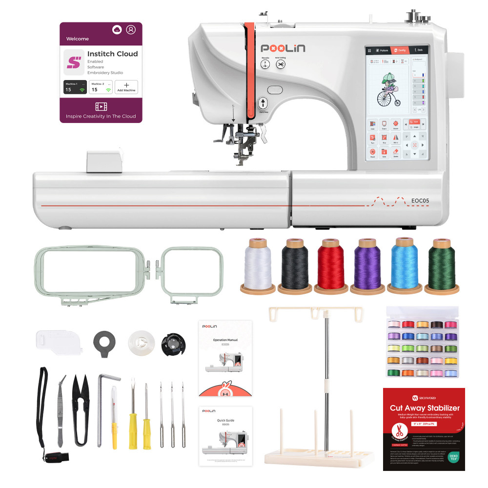 PooLin EOC05 Stickmaschine – WLAN Stickmaschine mit 7 Zoll HD-Touchscreen