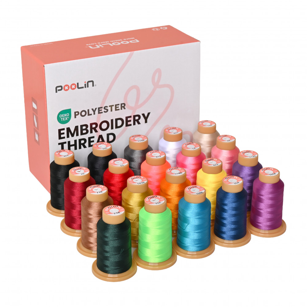 PooLin Stickgarn Set – 20 Farben – 40er Polyester – 800 m Rollen