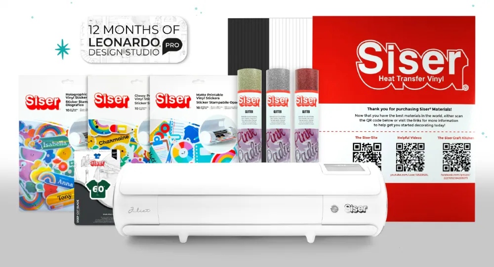 Juliet Weihnachts-Bundle: High-Definition-Cutter mit Stickerbögen & Easyweed/Glitter-HTV, inkl. Deep Cut Blade & 12-Monate-Leonardo-Pro (XMAS Limited)